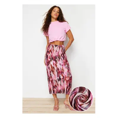 Trendyol Red Printed Regular Elastic Waist Pleated Maxi Knitted Skirt