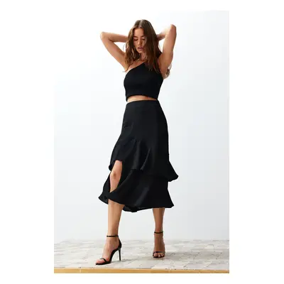 Trendyol Black Flounce Slit Detailed Midi Length Woven Skirt