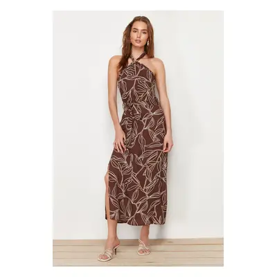 Trendyol Brown Belted Floral Print A-Cut Slit Detailed Woven Dress