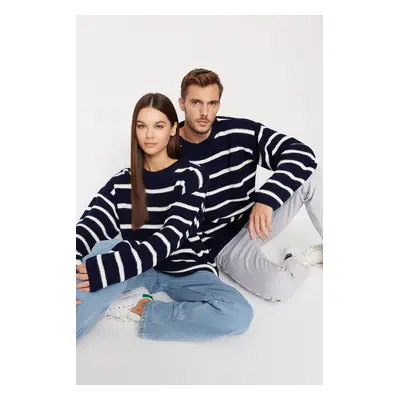 Trendyol Navy Blue Unisex Oversize Fit Wide Fit Crew nyak csíkos kötöttáru pulóver