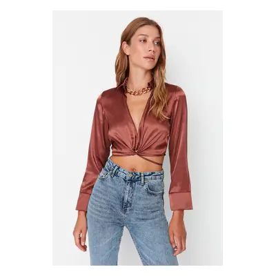 Trendyol Brown Crop Tie Detail Satin Woven Blouse