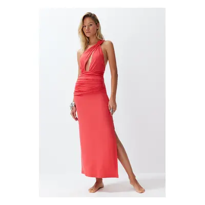 Trendyol Red Fitted Maxi Knitted Cut Out/Window One-Shoulder Beach Dress