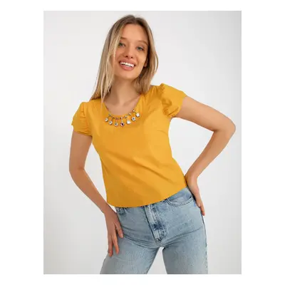 Dark yellow formal blouse with application and short sleeves