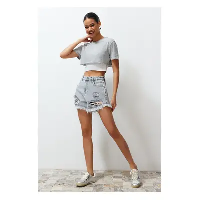 Trendyol Gray Ripped Detailed High Waist Denim Shorts