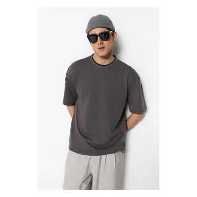 Trendyol Limited Edition Anthracite Oversize/Wide Cut Knit Banded Textured Pique T-Shirt