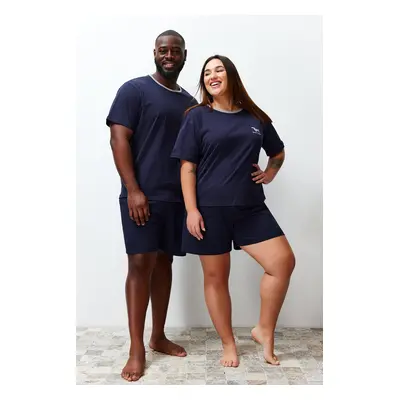 Trendyol Navy Blue Regular Fit Embroidered Couple Knitted Plus Size Pajama Set with Shorts