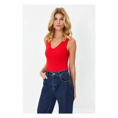 Trendyol Red Soft Touch/Soft Fitted V-Neck Knitted Bodysuit