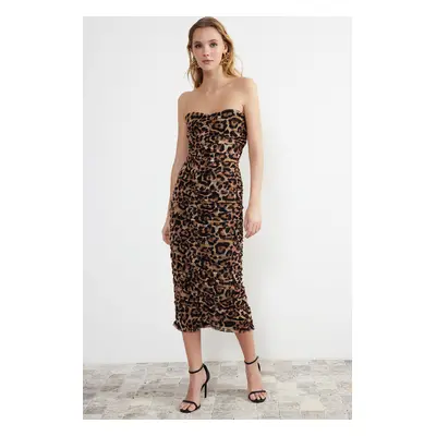 Trendyol Multicolored Fitted Leopard Patterned Draped Knitted Tulle Elegant Evening Dress