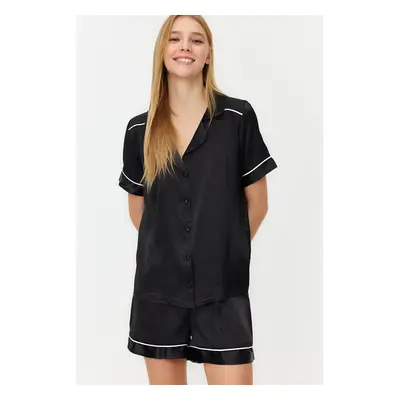 Trendyol Black Piping Detailed Satin Woven Pajamas Set