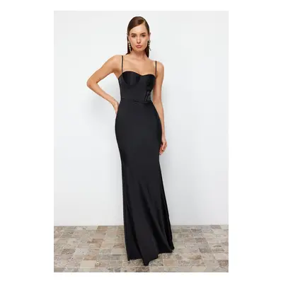 Trendyol Black Fitted Corset Detailed Woven Satin Long Evening Evening Dress