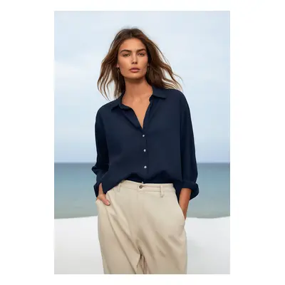 Trendyol Navy Blue Basic Oversize Wide Fit Woven Shirt