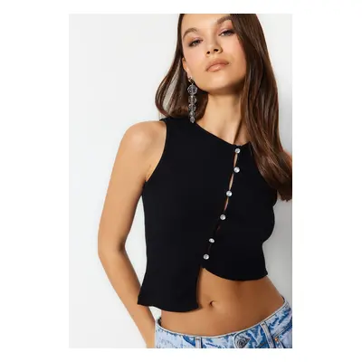 Trendyol Black Stone Detailed Asymmetrical Fitted Corded Crop Knitted Blouse