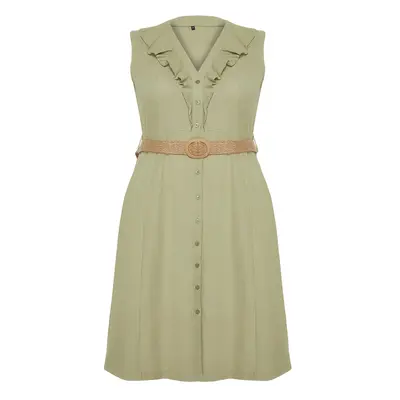 Trendyol Curve Green Straw Belt Woven Dress