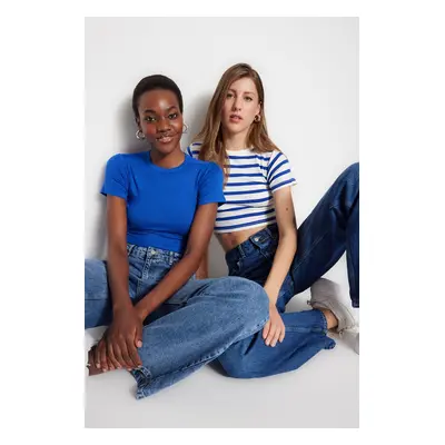 Trendyol Premium Saks-Ecru Saks Striped 2-Pack Viscose/Soft Fabric Crop Stretch Knitted Blouse