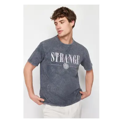 Trendyol Anthracite Oversize/Wide Cut Faded Effect Printed Embroidered 100% Cotton T-Shirt