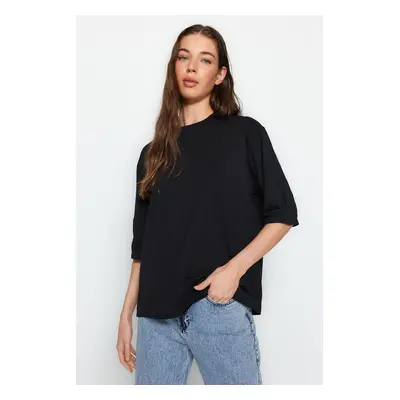 Trendyol Black 100% Cotton Premium Oversize/Wide Fit Three Quarter Sleeve Knitted T-Shirt