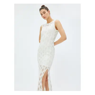 Koton Openwork Midi Dress with Slits, Sleeveless, Crew Neck Lined.