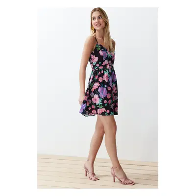 Trendyol Purple Floral Print A-line Double-breasted Collar Mini Woven Dress