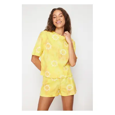 Trendyol Yellow 100% Cotton Sun Patterned Knitted Pajama Set