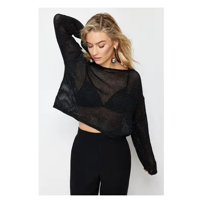 Trendyol Black Silvery Boat Neck Openwork/Perforated Knitwear Sweater