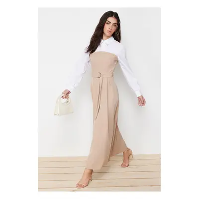 Trendyol Beige Belted Inside Shirt Detailed Woven Dress