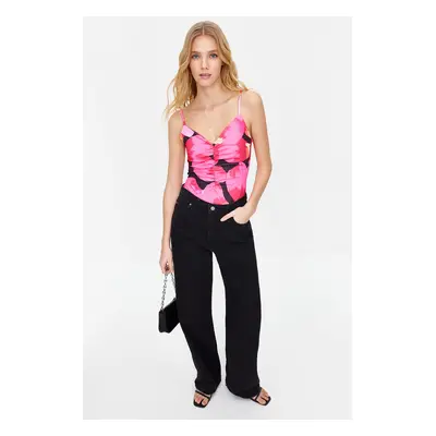 Trendyol Pink Flower Patterned V-Neck Stretchy Snap-on Knitted Bodysuit