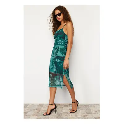 Trendyol Emerald Green Strap Fitted Square Neck Tulle Stretchy Knitted Midi Pencil Dress