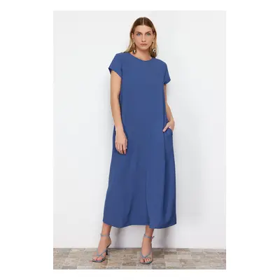 Trendyol Blue Straight Cut Crew Neck Pocket Detailed Aerobin Midi Woven Dress