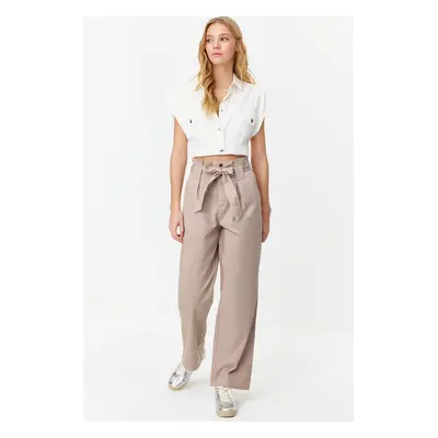 Trendyol Beige Carrot Pattern Belted Woven Trousers