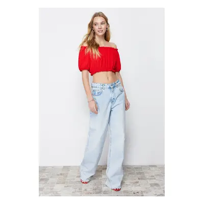 Trendyol Red Carmen Collar Wrap Crop Knitted Blouse