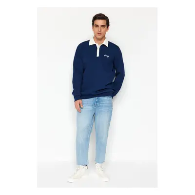 Trendyol Navy Blue Regular/Normal Cut Polo Neck Embroidered Cotton Sweatshirt with Fleece Inside