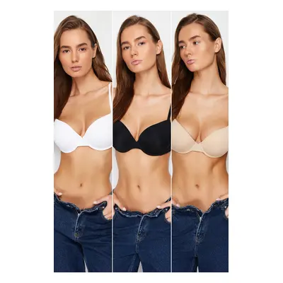 Trendyol Black-White-Skin 3-Pack Polyamide Strap Fixed Covered Knitted Bra