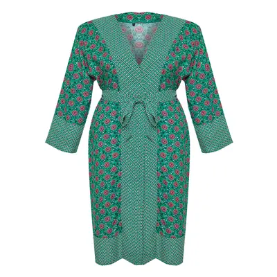 Trendyol Curve Green Ethnic Patterned Belted Maxi Length Beach WearWoven Kimono & Kaftan