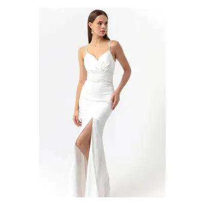 Lafaba Women's White Evening Dress with Straps and a Slit in Long Satin Prom.