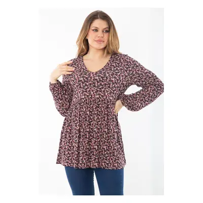 Şans Women's Plus Size Colorful Gathered Detailed V-Neck Tunic