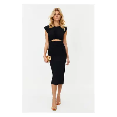 Trendyol Black Lined Knitted Dress with Stone Accessories