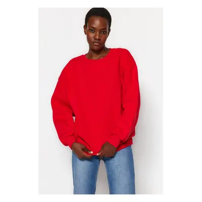 Trendyol Red Oversize/Relaxed Fit Basic Crew Neck Thick/Polar inside Knitted Sweatshirt