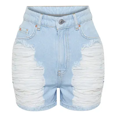 Trendyol Light Blue Ripped High Waist Mini Denim Shorts & Bermuda