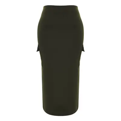 Trendyol Curve Khaki Pocket Detailed Midi 100% Cotton Knitted Skirt