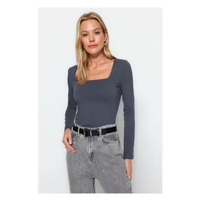 Trendyol Anthracite Cotton Square Neck Regular Fit Knitted Blouse