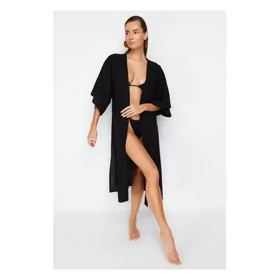 Trendyol Black Belted Maxi Woven Linen Look Kimono & Kaftan