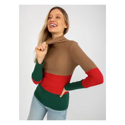 Basic dark camel red blouse with ribbed turtleneck