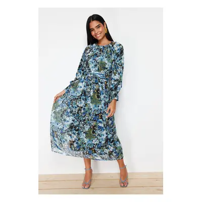 Trendyol Black Blue Floral Sash Detailed Woven Dress