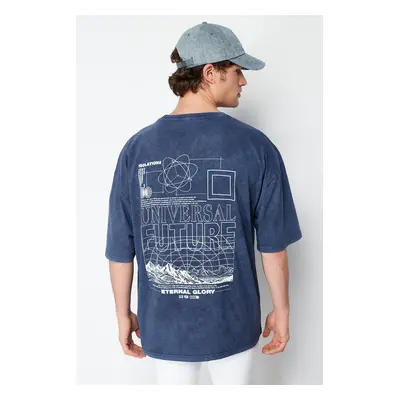 Trendyol Indigo Oversize/Wide Cut Faded Effect Text Printed 100% T-Shirt