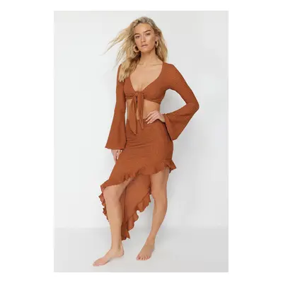 Trendyol Brown Fitted Woven Ruffle Blouse Skirt Set