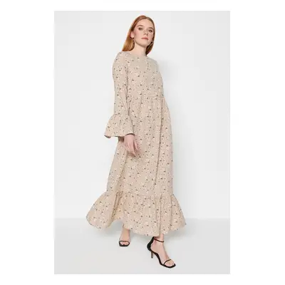 Trendyol Dark Beige Floral Patterned Flounce Detail Cotton Woven Dress