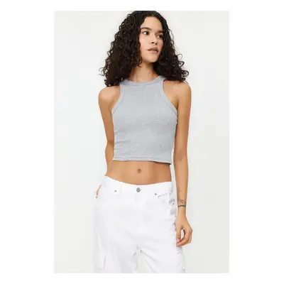 Trendyol Gray Melange Crop Fitted/Body-Fitted Barbell Collar Cotton Flexible Knitted Tank Top