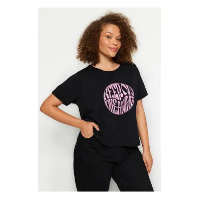 Trendyol Curve Black Slogan Printed Crop 100% Cotton Knitted T-shirt