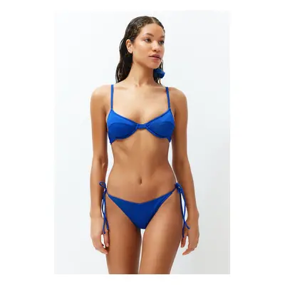 : Trendyol Sax V-Cut Textured Brazilian Bikini Bottom