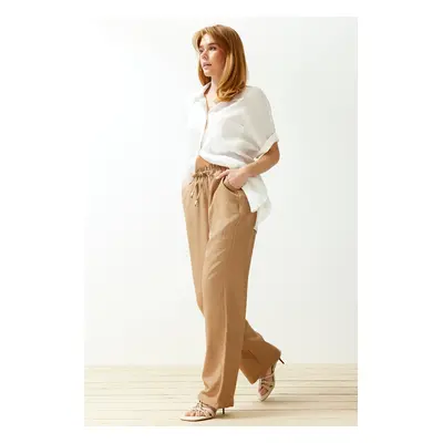 Trendyol Camel Straight Elastic Waist Laced Linen Look Trousers